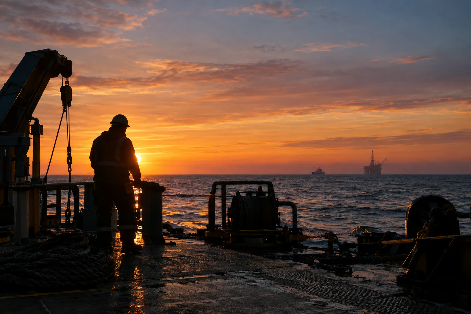 An offshore worker in hi-vis gear and a hard hat, silhouetted on the back deck of a vessel at sunset.